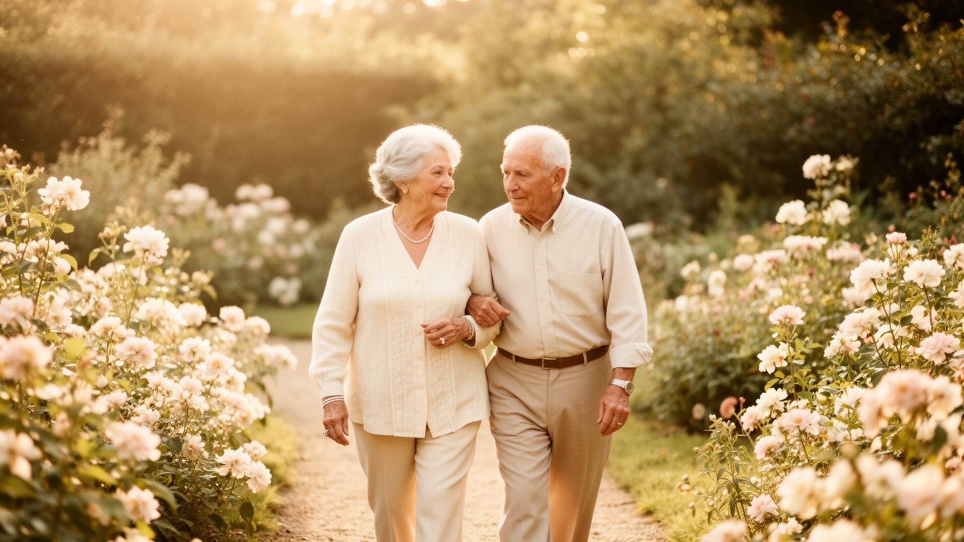 Senior couple walking arm in arm through a sunlit garden